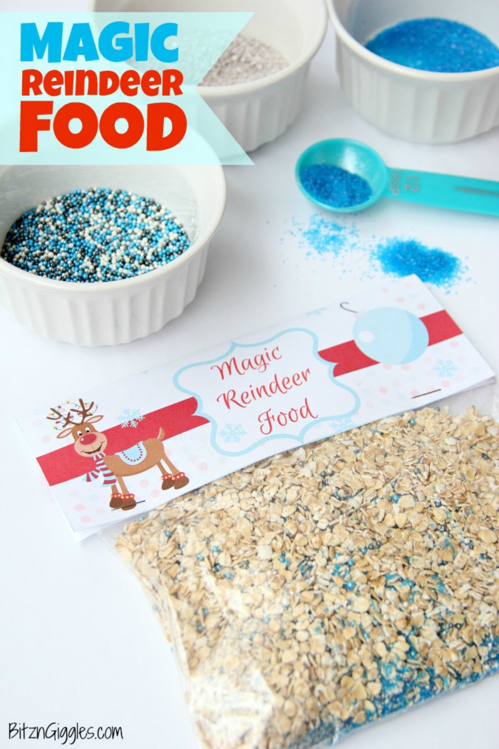 Magic Reindeer Food With Free Printable - Kids will love to sprinkle this Magic Reindeer Food in their yard to guide the reindeer to their home on Christmas Eve. Includes recipe + FREE printable bag topper! 