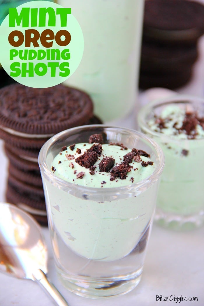 Mint Oreo Pudding Shots - Perfect for the holidays, St. Patrick's Day or just whenever you're in the mood for a little taste of mint and chocolate. These taste just like an adult version of a Thin Mint Girl Scout Cookie!