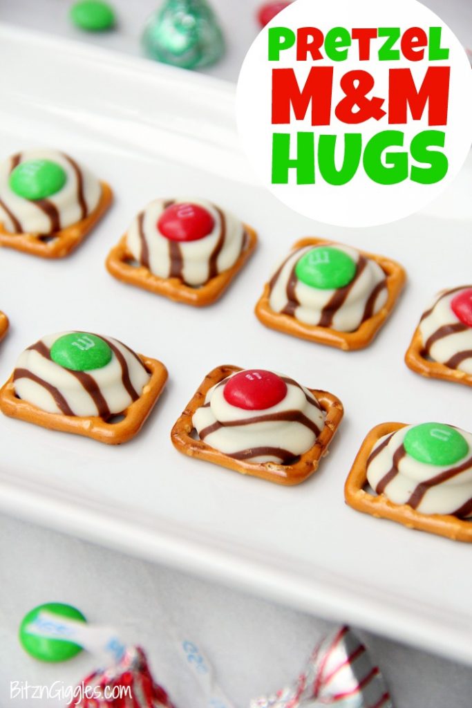 Pretzel M&M Hugs- Sweet and salty three-ingredient bite-sized treats perfect for Christmas and the holidays!