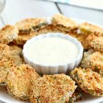 Air Fryer Fried Pickles on white plate with ranch