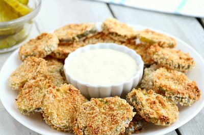 Air Fryer Fried Pickles on white plate with ranch