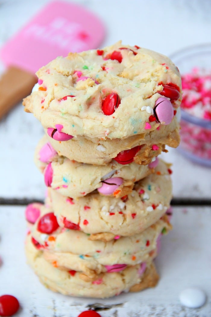 5-Ingredient Funfetti Cake Mix Cookies - Easy, moist, cake-like cookie decorated with M&Ms and sprinkles.