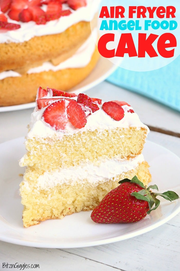 Air Fryer Angel Food Cake - A simple and beautiful layered cake topped with strawberries and cream, made right in the air fryer!