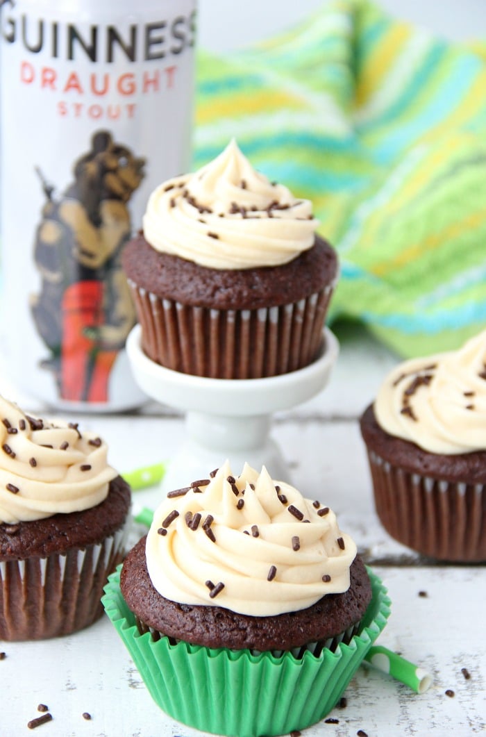 Guinness Cupcakes With Bailey's Frosting - Easy & delicious rich chocolate cupcakes spiked with Guinness and topped with creamy Bailey's Irish Cream frosting!