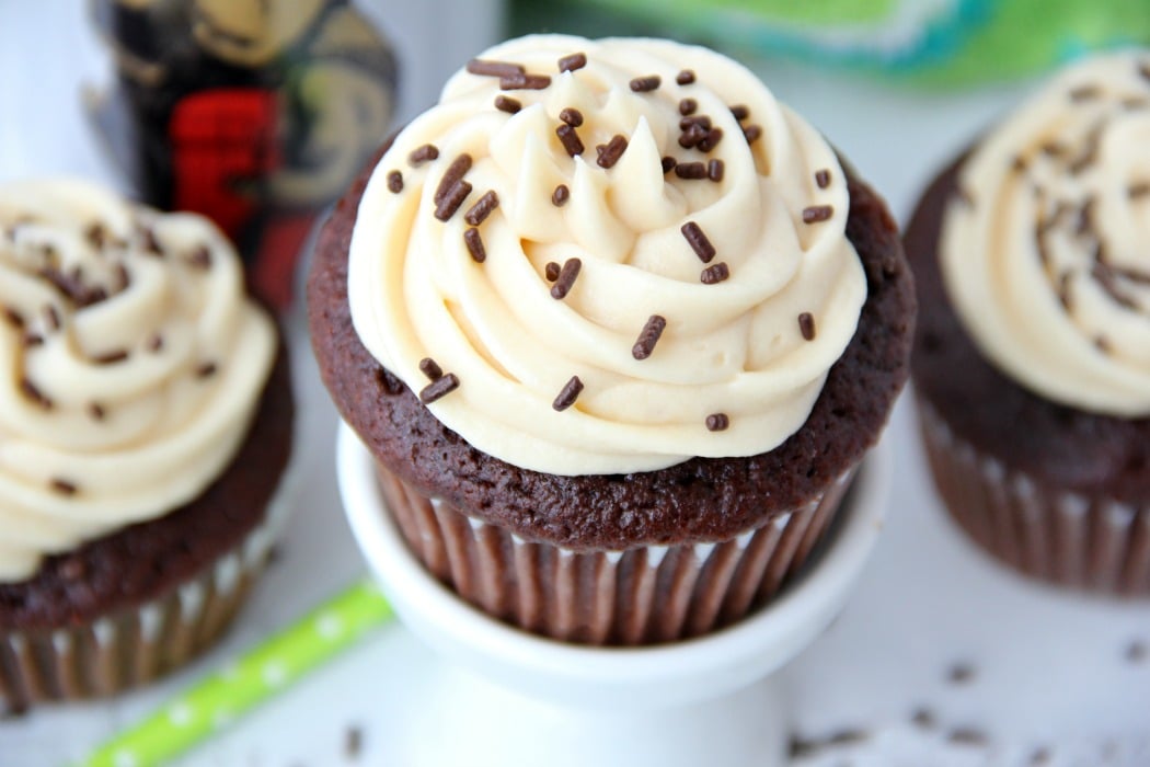 Guinness Cupcakes With Bailey's Frosting - Easy & delicious rich chocolate cupcakes spiked with Guinness and topped with creamy Bailey's Irish Cream frosting!