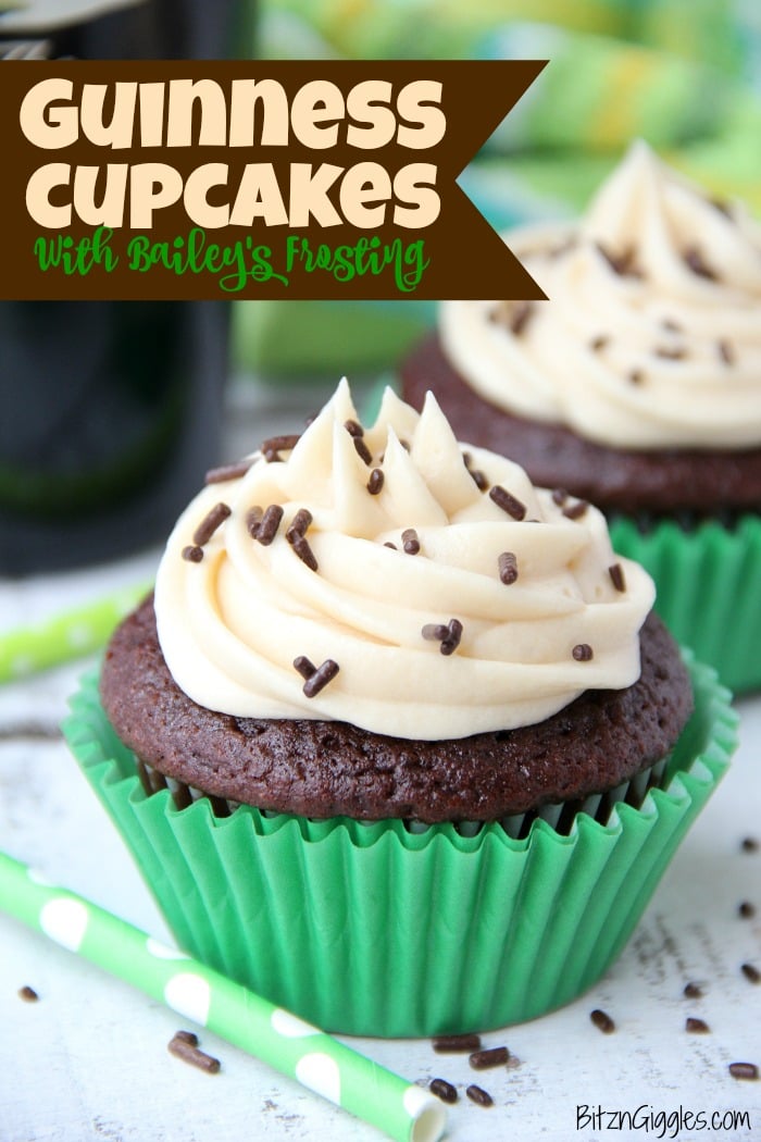 Guinness Cupcakes With Bailey's Frosting - Easy & delicious rich chocolate cupcakes spiked with Guinness and topped with creamy Bailey's Irish Cream frosting!