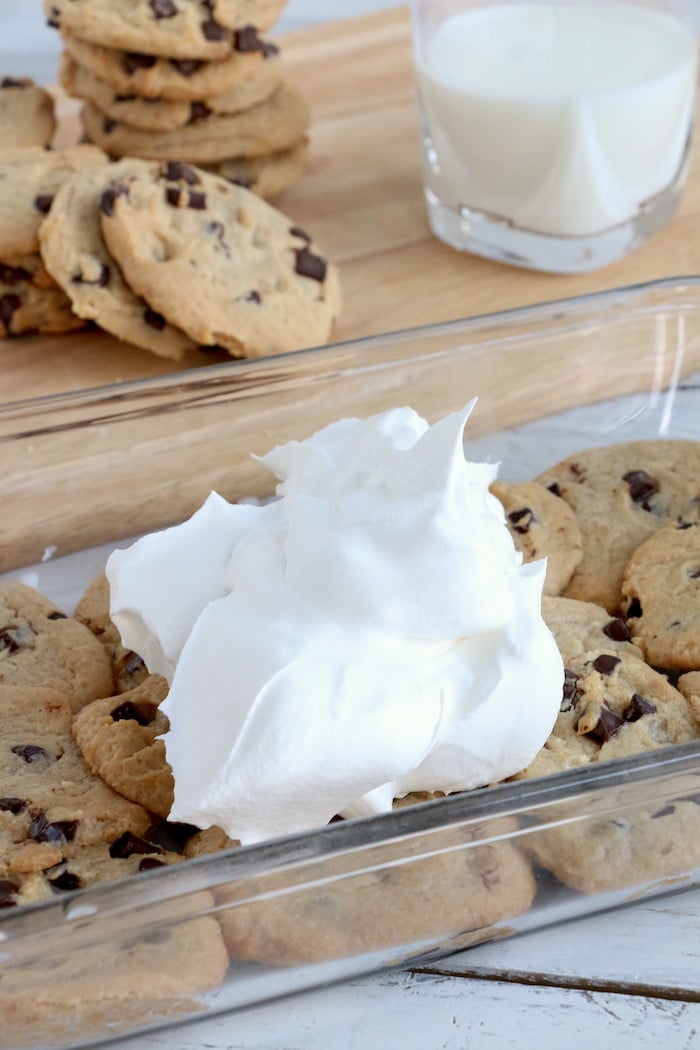 Chocolate Chip Cookie Lasagna - A delicious 4-ingredient, no bake layer dessert made with soft chocolate chip cookies and creamy whipped topping.