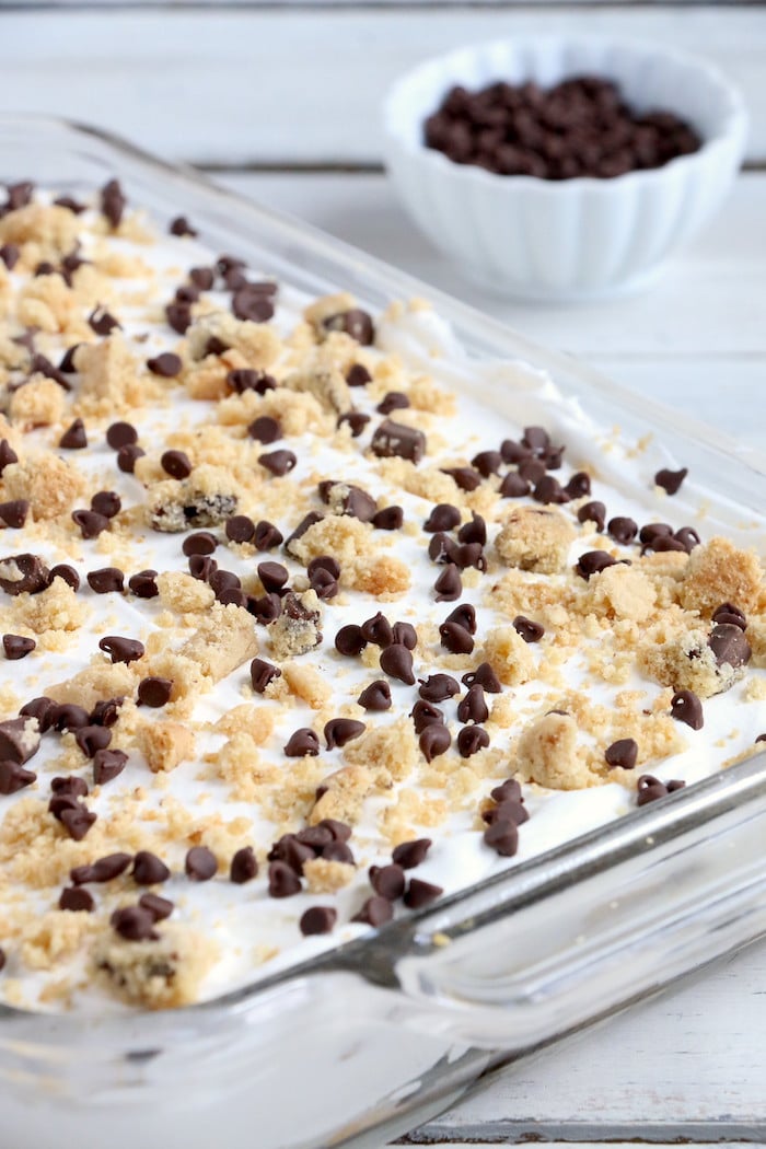 Chocolate Chip Cookie Lasagna - A delicious 4-ingredient, no bake layer dessert made with soft chocolate chip cookies and creamy whipped topping.