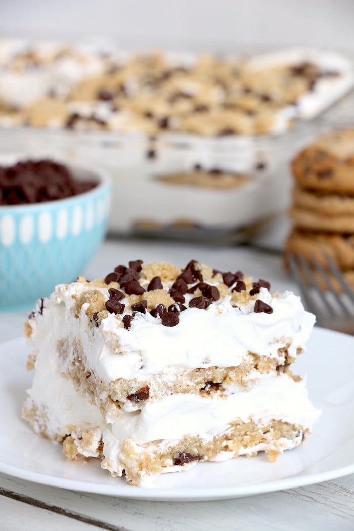 Chocolate Chip Cookie Lasagna - A delicious 4-ingredient, no bake layer dessert made with soft chocolate chip cookies and creamy whipped topping.