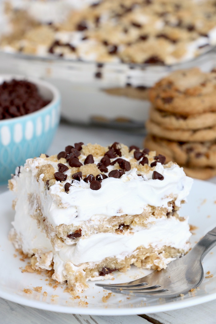 Chocolate Chip Cookie Lasagna - A delicious 4-ingredient, no bake layer dessert made with soft chocolate chip cookies and creamy whipped topping.