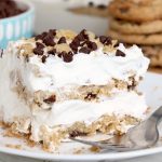Chocolate Chip Cookie Lasagna - A delicious 4-ingredient, no bake layer dessert made with soft chocolate chip cookies and creamy whipped topping.