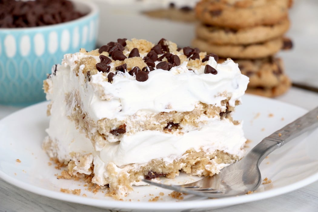 Chocolate Chip Cookie Lasagna - A delicious 4-ingredient, no bake layer dessert made with soft chocolate chip cookies and creamy whipped topping.