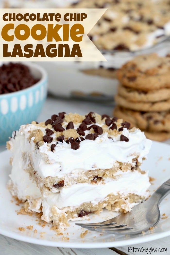 Chocolate Chip Cookie Lasagna - A delicious 4-ingredient, no bake layer dessert made with soft chocolate chip cookies and creamy whipped topping.