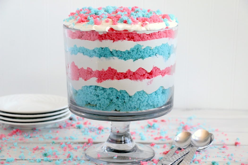 Red White and Blue Trifle - An easy and patriotic red, white and blue trifle dessert made with crumbles of white cake and a sweet creamy filling!