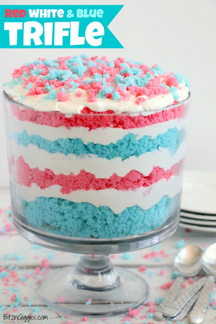 Red White and Blue Trifle - An easy and patriotic red, white and blue trifle dessert made with crumbles of white cake and a sweet creamy filling!