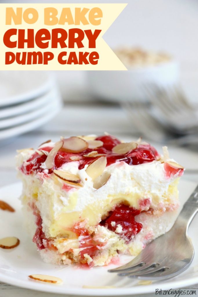 No Bake Cherry Dump Cake - An easy, no-bake cherry trifle dessert with layers of angel food cake, sour cream, pudding, cherry pie filling and whipped topping.