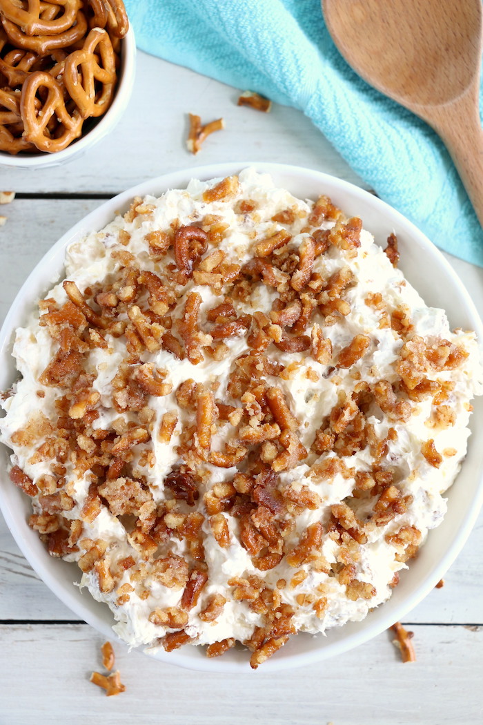 Pineapple Pretzel Salad - This cool, creamy pineapple fluff filled with candied pretzels is the perfect combination of sweet and salty, and can be served as a dessert or sweet side dish!Â 