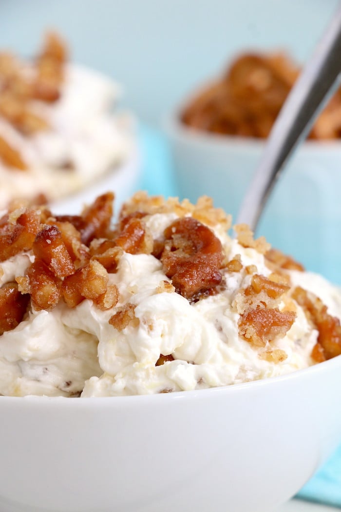 Pineapple Pretzel Salad - This cool, creamy pineapple fluff filled with candied pretzels is the perfect combination of sweet and salty, and can be served as a dessert or sweet side dish!Â 