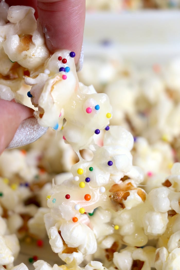 Sticky Popcorn - Five-ingredient vanilla caramel corn that's sweet, sticky and completely addicting! 