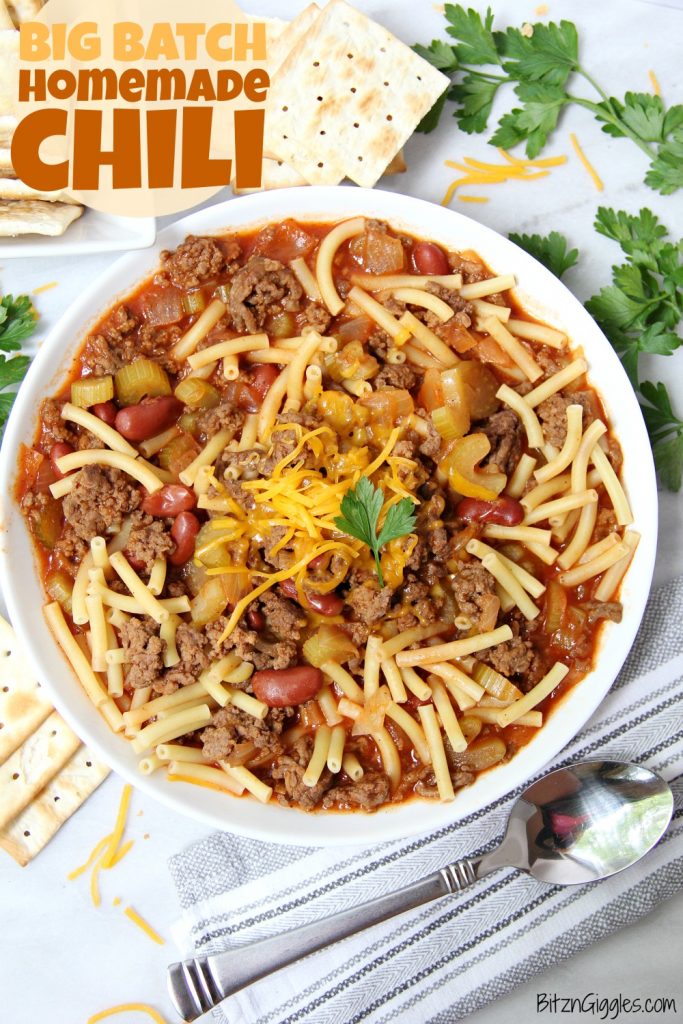 Big Batch Homemade Chili - A flavorful, yet mild chili, perfect for parties and gatherings. This chili is a family favorite and serves a crowd!