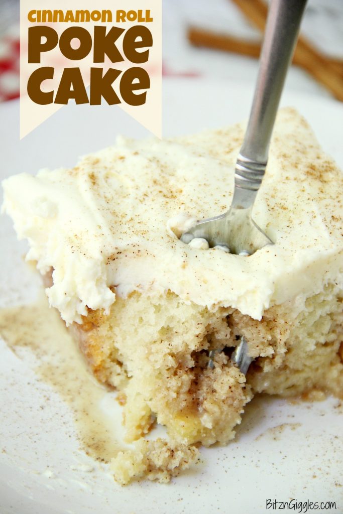 Cinnamon Roll Poke Cake - A soft and moist poke cake filled with a sweet cinnamon filling and topped with a homemade cream cheese frosting that melts in your mouth.