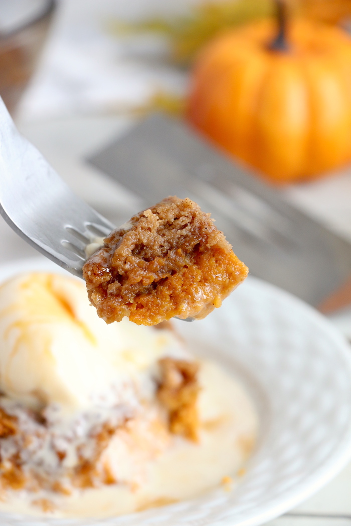 Pumpkin Dump Cake - An easy and delicious pumpkin spice cake topped with vanilla ice cream and caramel drizzle! 