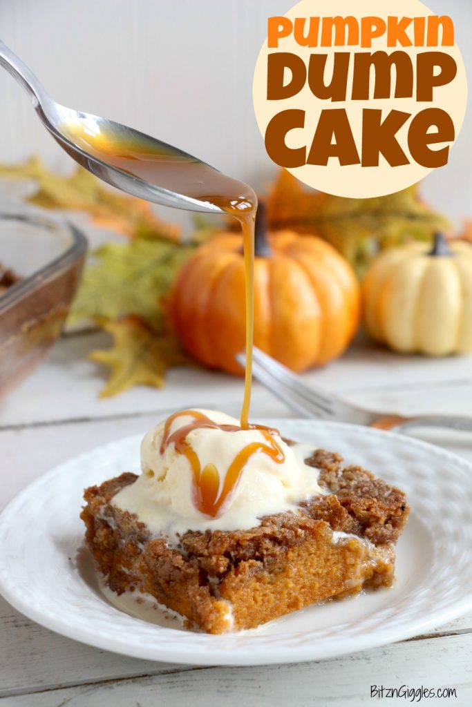 Pumpkin Dump Cake - An easy and delicious pumpkin spice cake topped with vanilla ice cream and caramel drizzle!