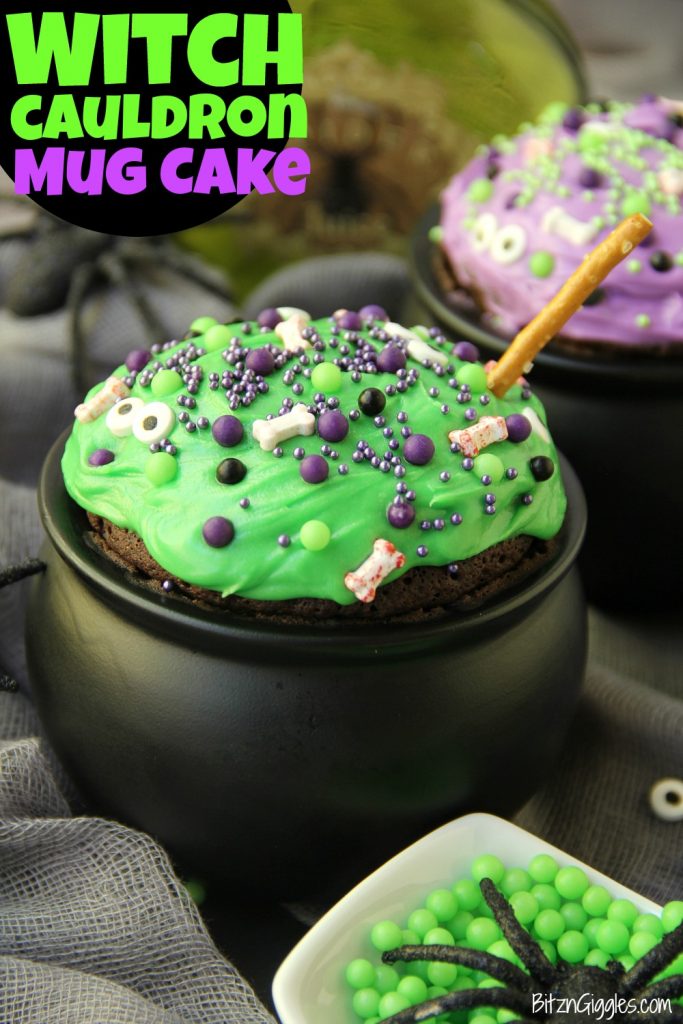 Witch Cauldron Mug Cake - A chocolate mug cake made in a ceramic witch cauldron with halloween-themed frosting and sprinkles!