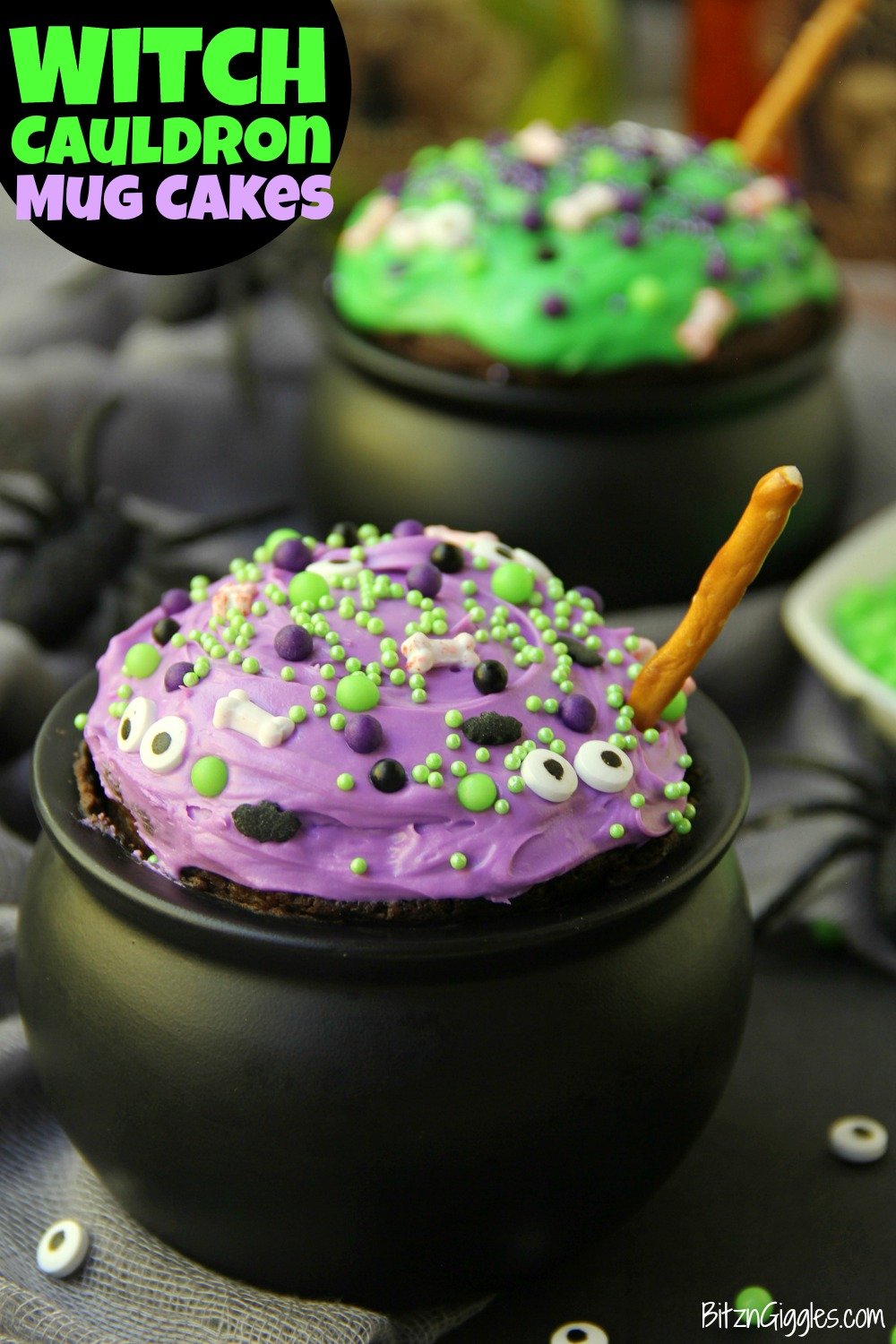 Witch Cauldron Mug Cake - A chocolate mug cake made in a ceramic witch cauldron with halloween-themed frosting and sprinkles! 