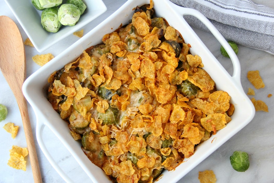 Brussels sprouts casserole with cornflake topping