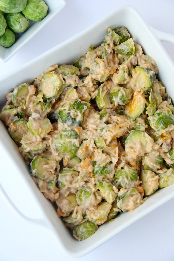 Brussels sprouts in pan before baking