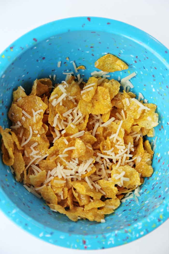 Cornflake and parmesan mixture in bowl