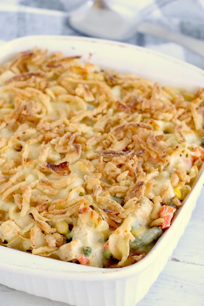 Easy Turkey Casserole - A cheesy casserole filled with turkey and vegetables and topped with crunchy, French fried onions! 