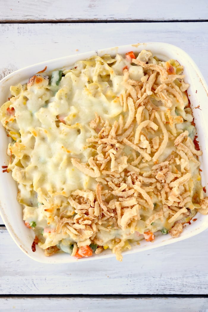 Easy Turkey Casserole - A cheesy casserole filled with turkey and vegetables and topped with crunchy, French fried onions! 