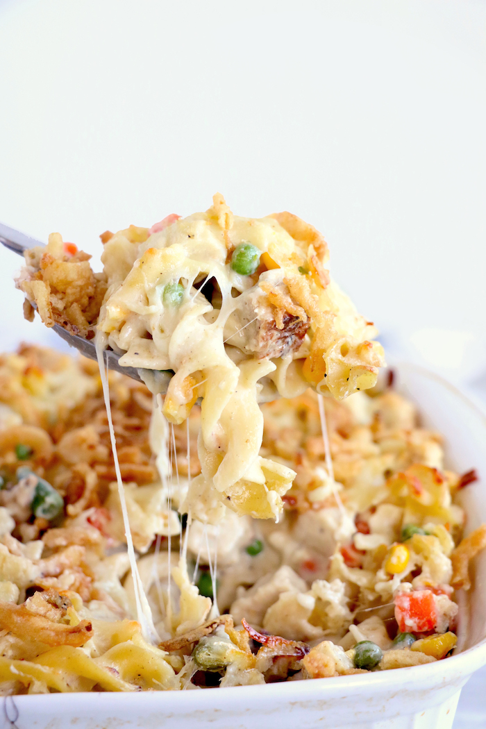 Easy Turkey Casserole - A cheesy casserole filled with turkey and vegetables and topped with crunchy, French fried onions! 