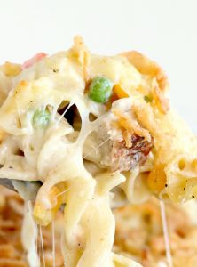 Easy Turkey Casserole - A cheesy casserole filled with turkey and vegetables and topped with crunchy, French fried onions!