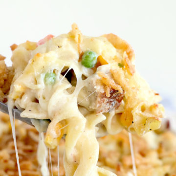 Easy Turkey Casserole - A cheesy casserole filled with turkey and vegetables and topped with crunchy, French fried onions!