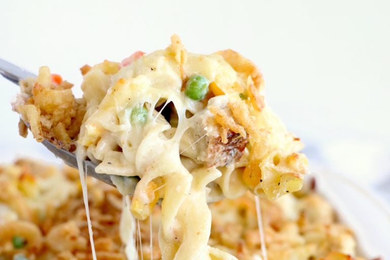 Easy Turkey Casserole - A cheesy casserole filled with turkey and vegetables and topped with crunchy, French fried onions!