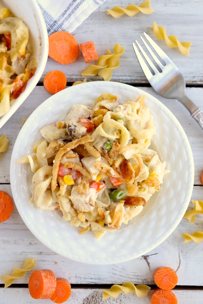 Easy Turkey Casserole - A cheesy casserole filled with turkey and vegetables and topped with crunchy, French fried onions! 