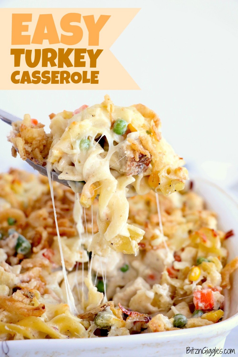 Easy Turkey Casserole - A cheesy casserole filled with turkey and vegetables and topped with crunchy, French fried onions! 