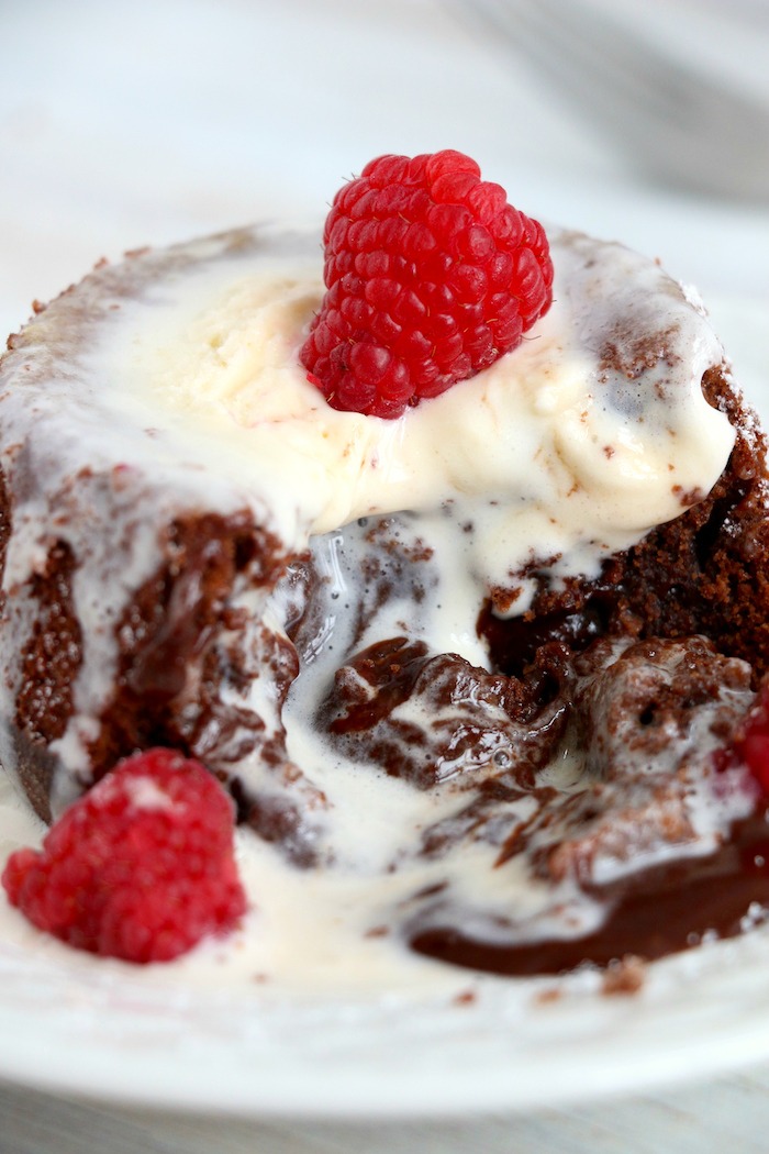 chocolate molten lava cake with melted ice cream