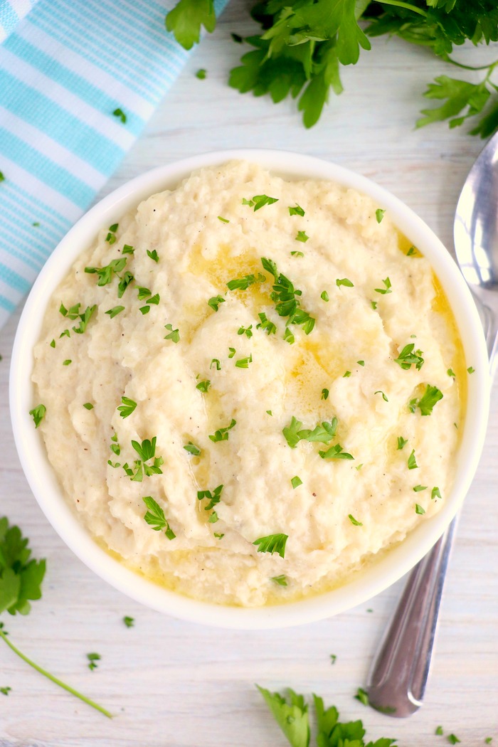 bowl of mashed cauliflower on the table