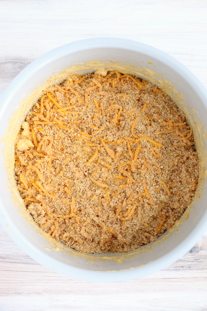 cheesy breadcrumb mixture on top of mac and cheese in Ninja Foodi