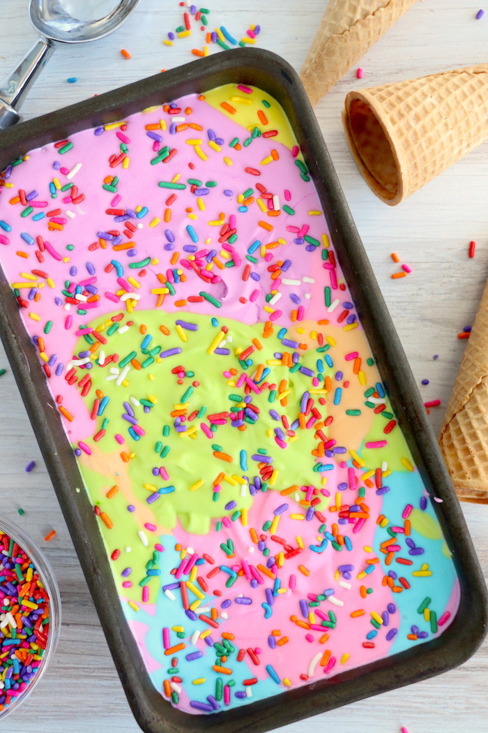 Rainbow ice cream with sprinkles in loaf pan