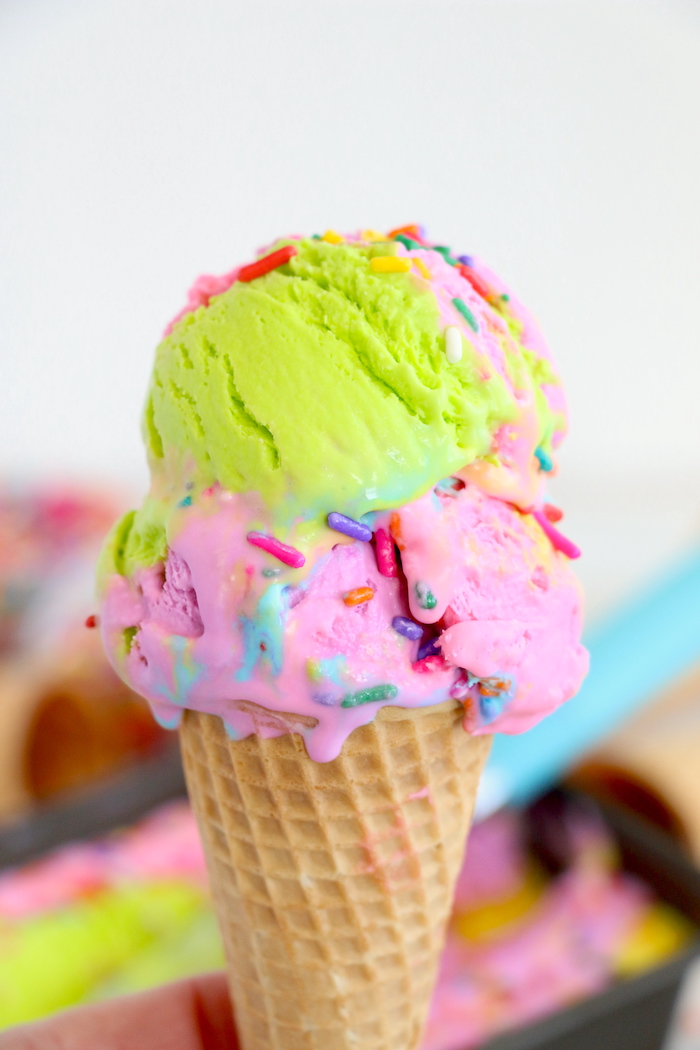Rainbow ice cream in cone