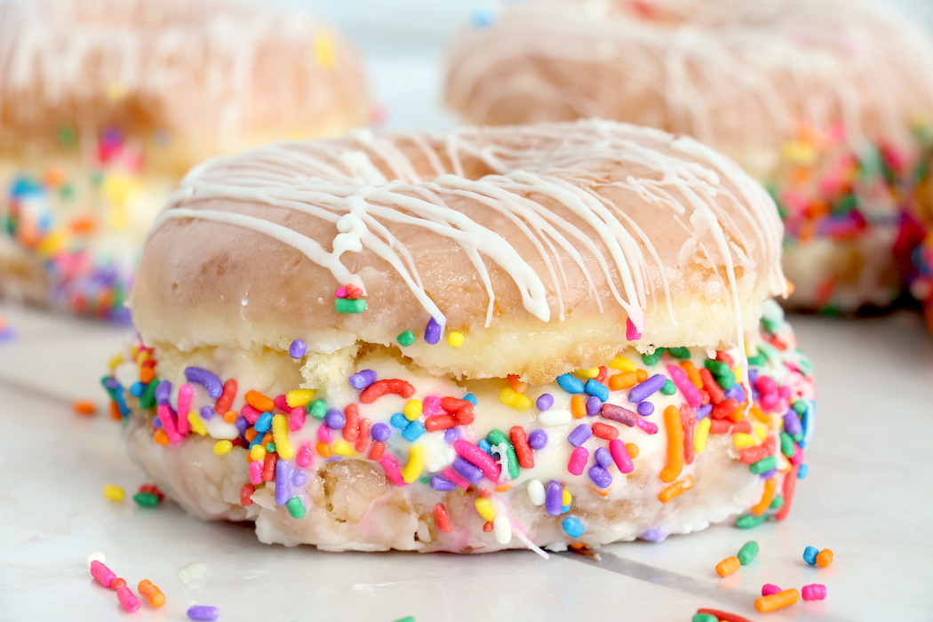 Donut ice cream sandwich with sprinkles