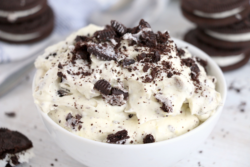 Bowl of crushed Oreos in vanilla pudding