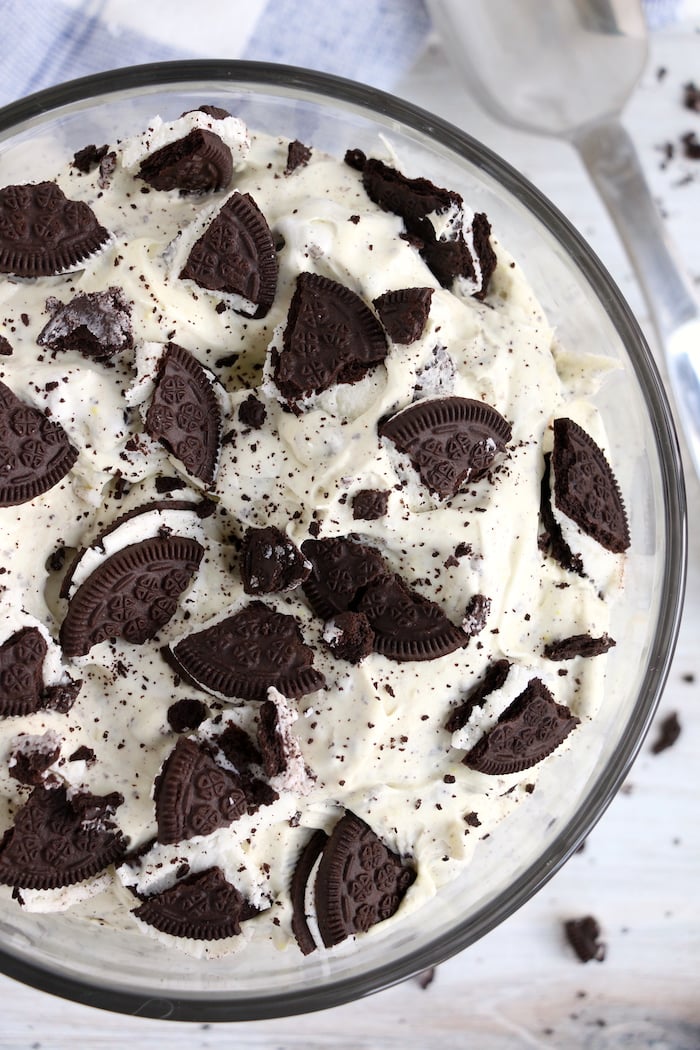 Oreo fluff salad garnished with Oreo pieces