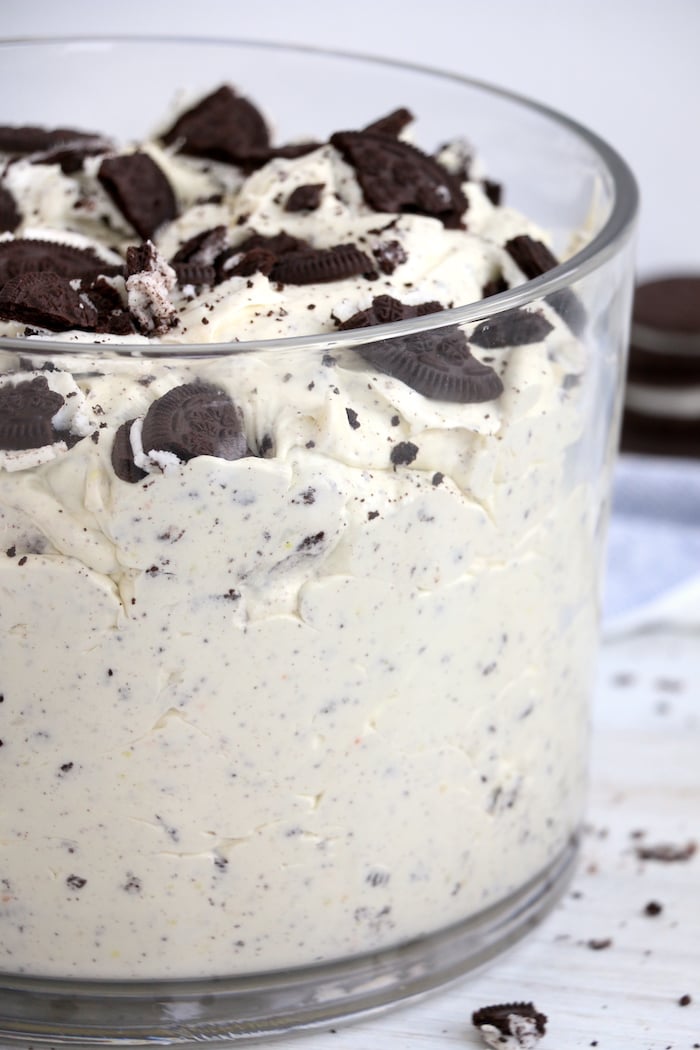 Glass bowl filled with Oreo fluff