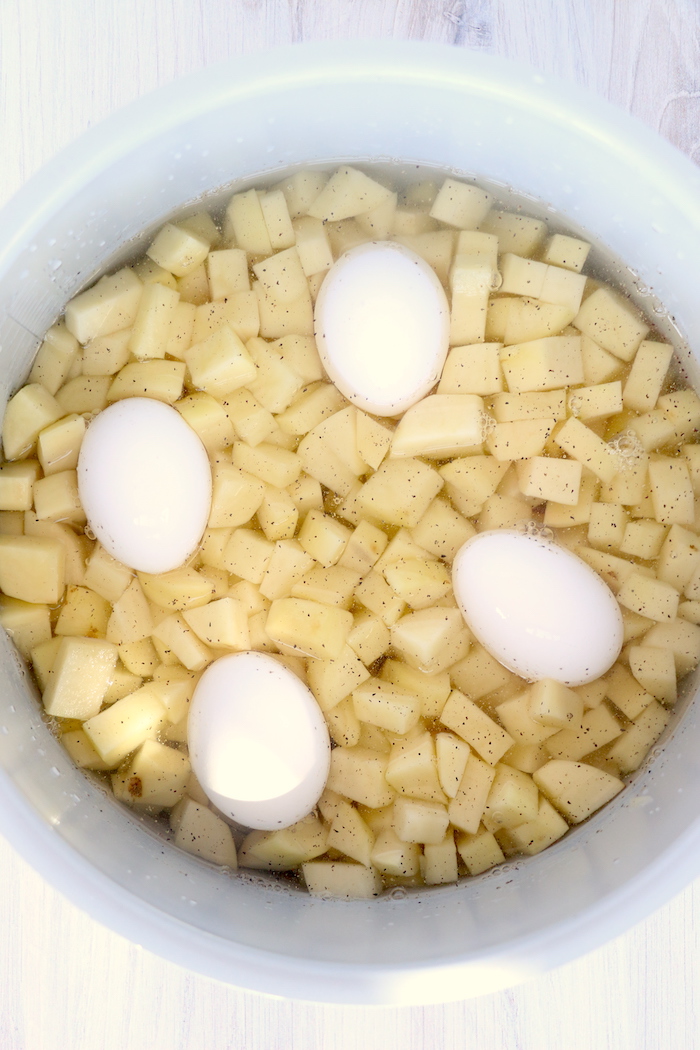 Potatoes and eggs in Ninja Foodi cooking pot